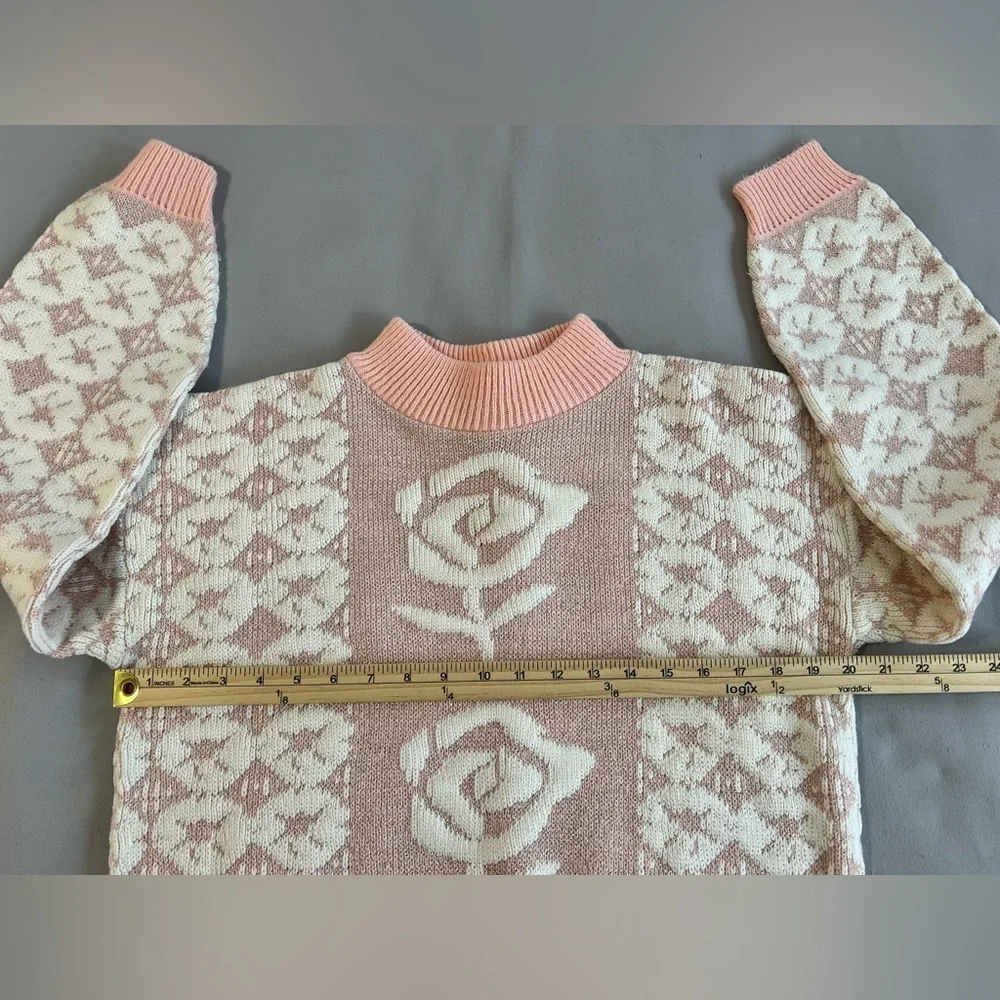 Vintage 90s Private Eyes Sweater Roses Sz 6 Y2K Made USA‎ Pink Silver Coquette